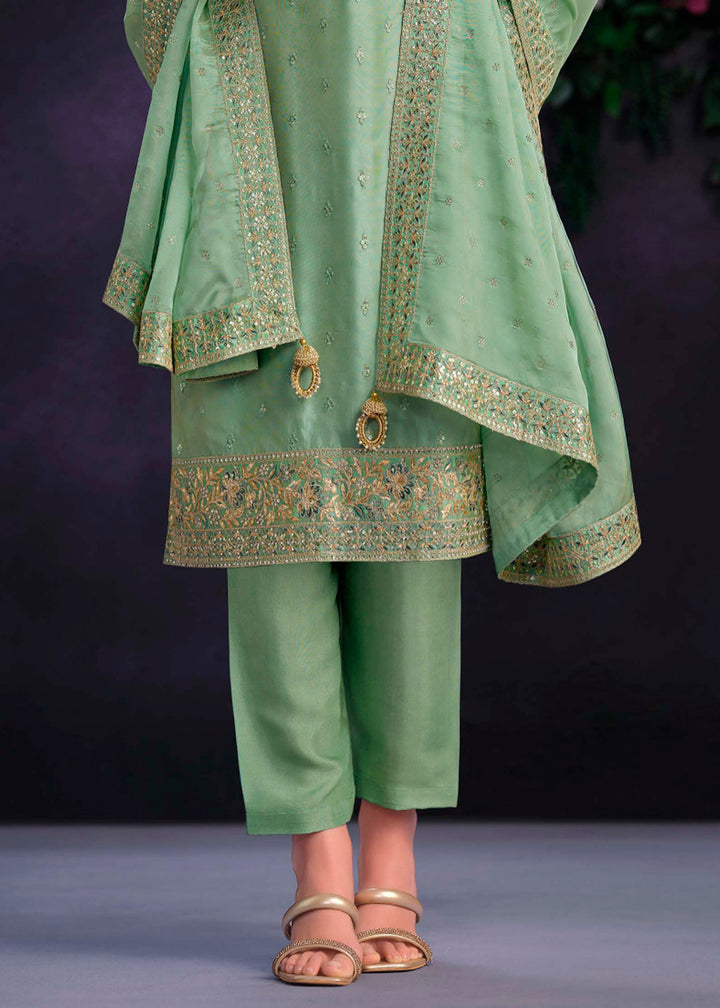 Pastel Green Organza Suit with Shimmer Effect and Zarkan Embroidery