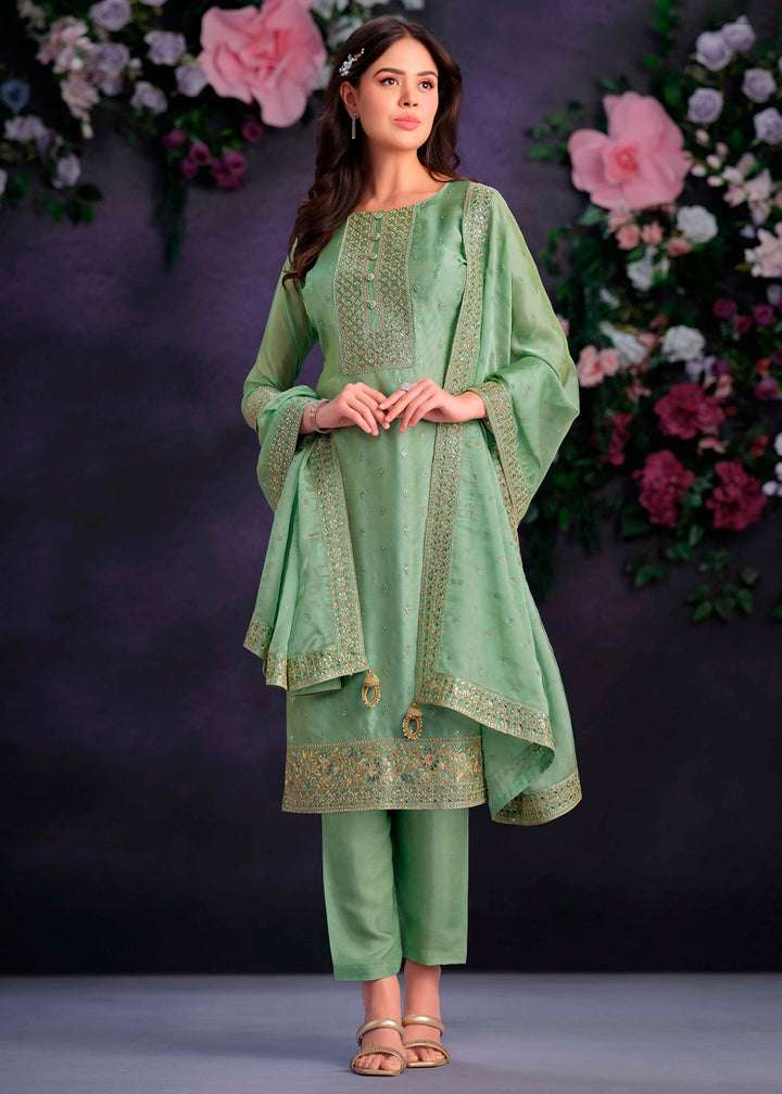 Pastel Green Organza Suit with Shimmer Effect and Zarkan Embroidery