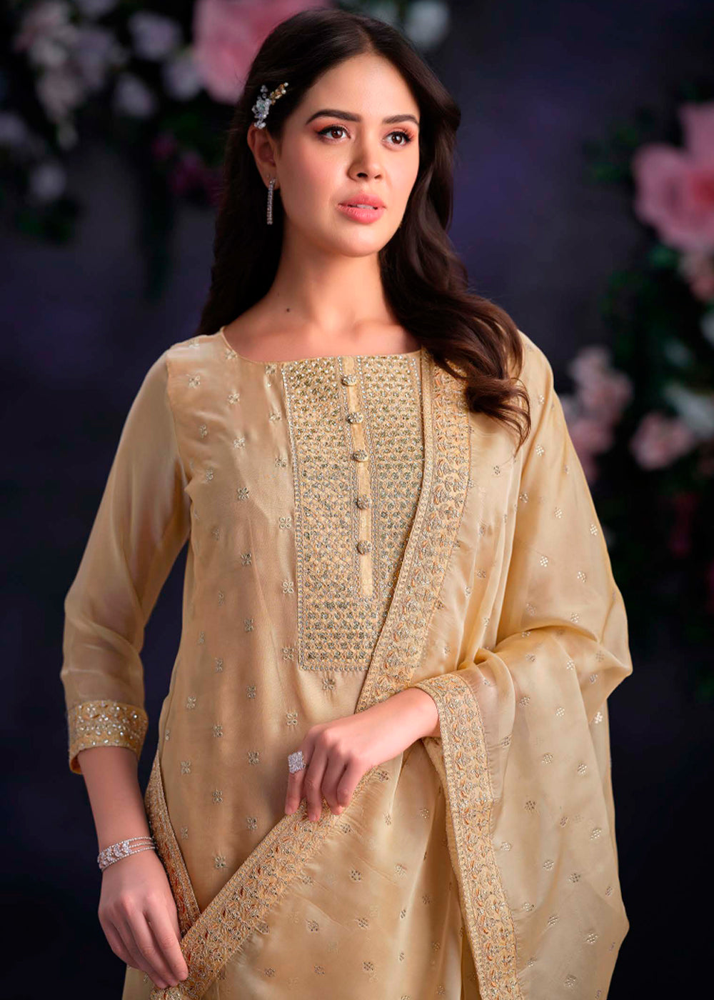 Light Brown Organza Suit with Shimmer Effect and Zarkan Embroidery