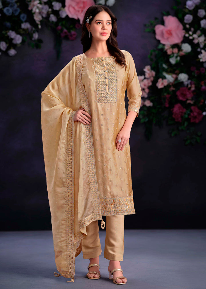 Light Brown Organza Suit with Shimmer Effect and Zarkan Embroidery