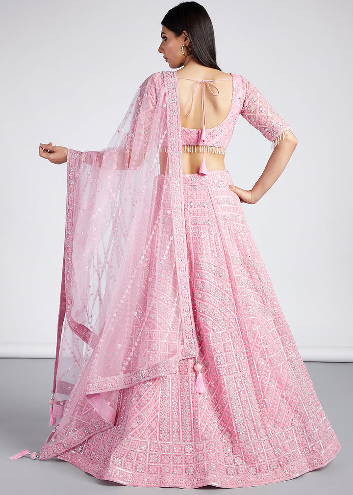 Flamingo Pink Net Lehenga Choli with Sequins, Zarkan & Coding Thread Embroidery work