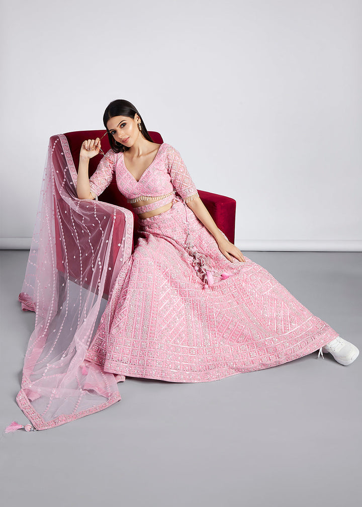 Flamingo Pink Net Lehenga Choli with Sequins, Zarkan & Coding Thread Embroidery work