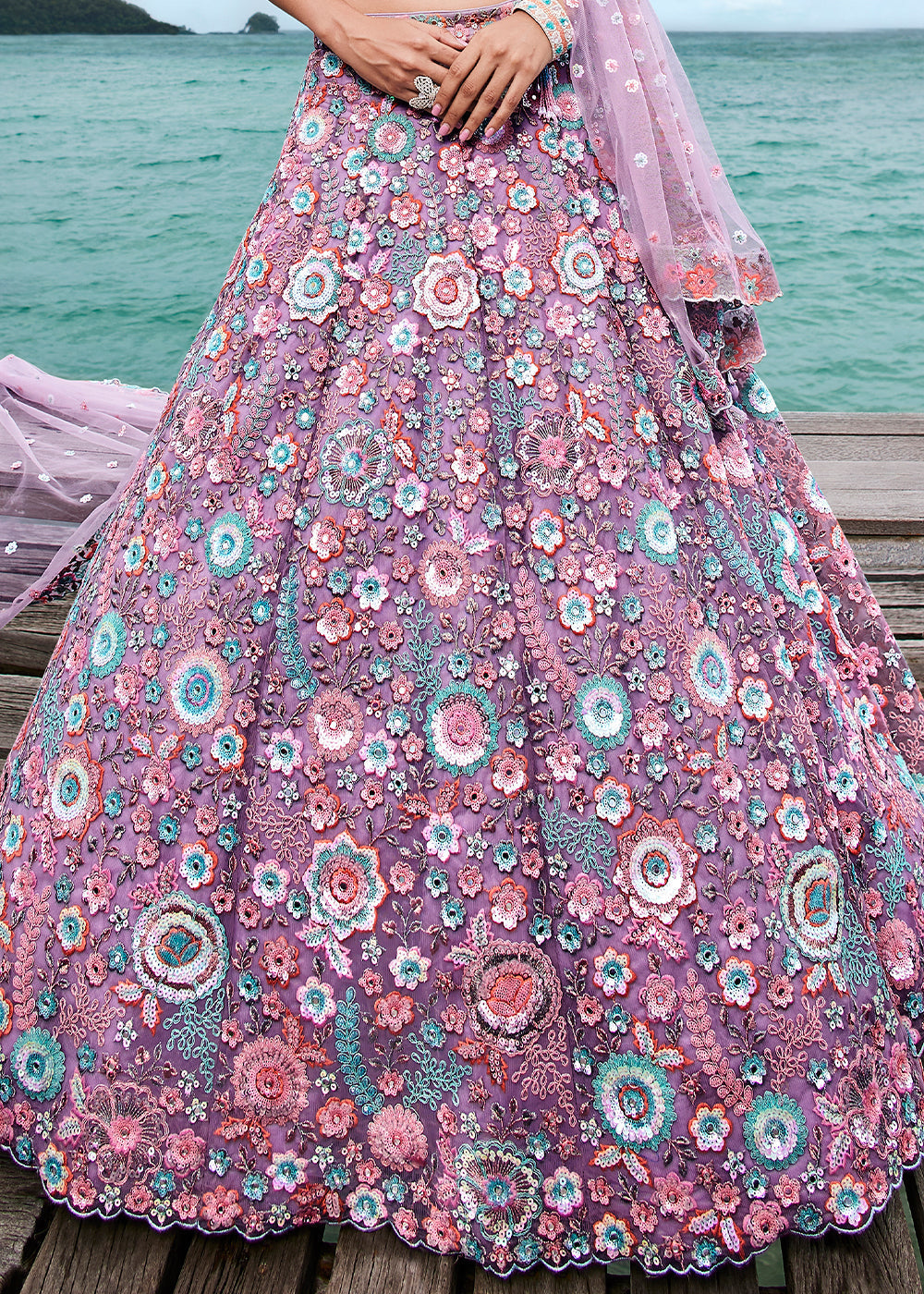 Shades Of Purple Net Lehenga Choli with Sequins,Mirror & Coding Thread Embroidery work