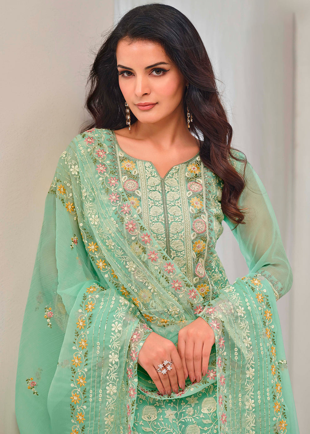 Fern Green Organza Chiffon Suit with Stunning Floral Embroidery Design