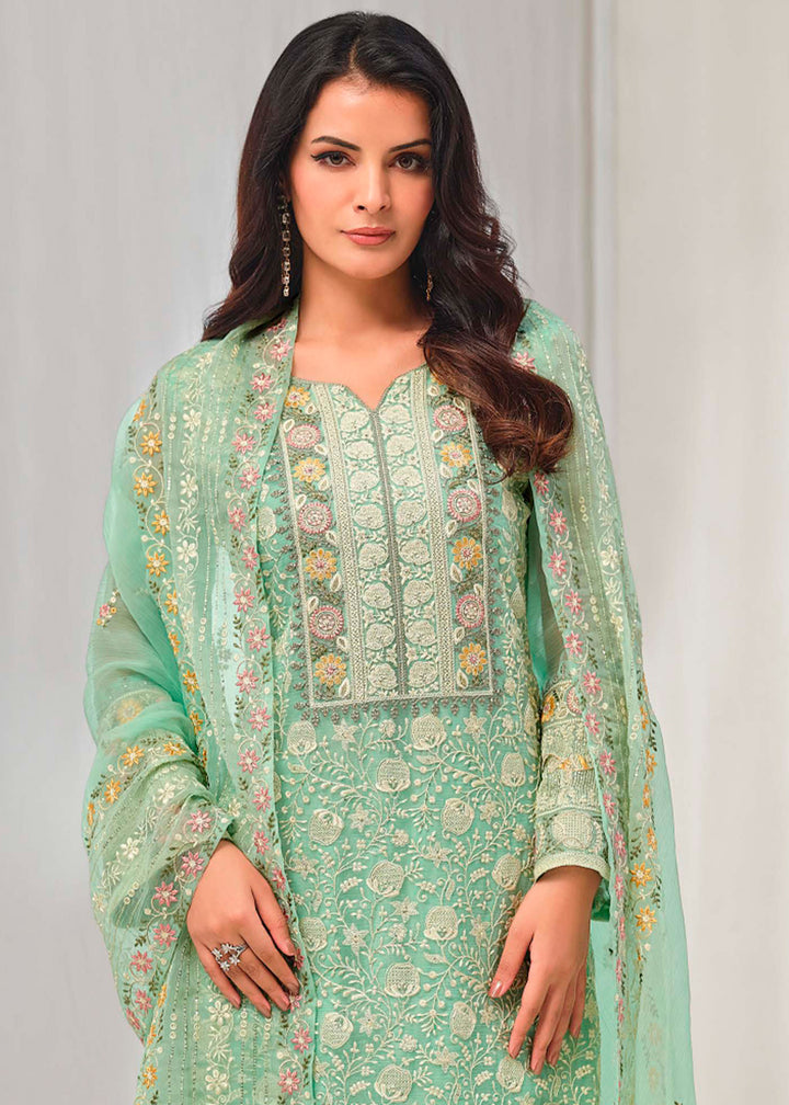 Fern Green Organza Chiffon Suit with Stunning Floral Embroidery Design