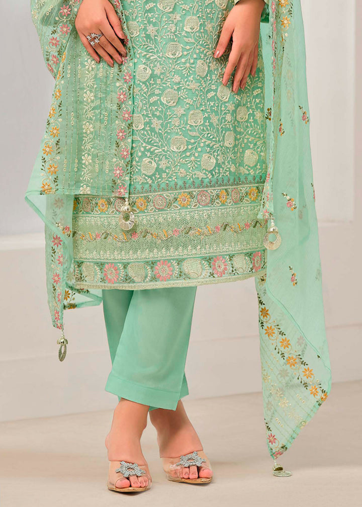 Fern Green Organza Chiffon Suit with Stunning Floral Embroidery Design