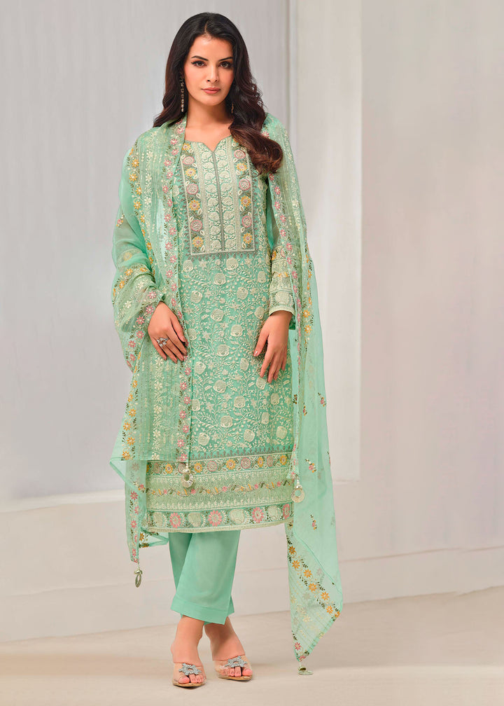 Fern Green Organza Chiffon Suit with Stunning Floral Embroidery Design