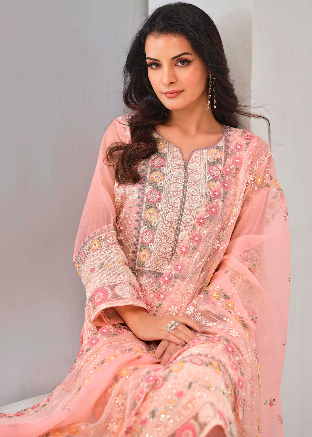 Salmon Pink Organza Chiffon Suit with Stunning Floral Embroidery Design