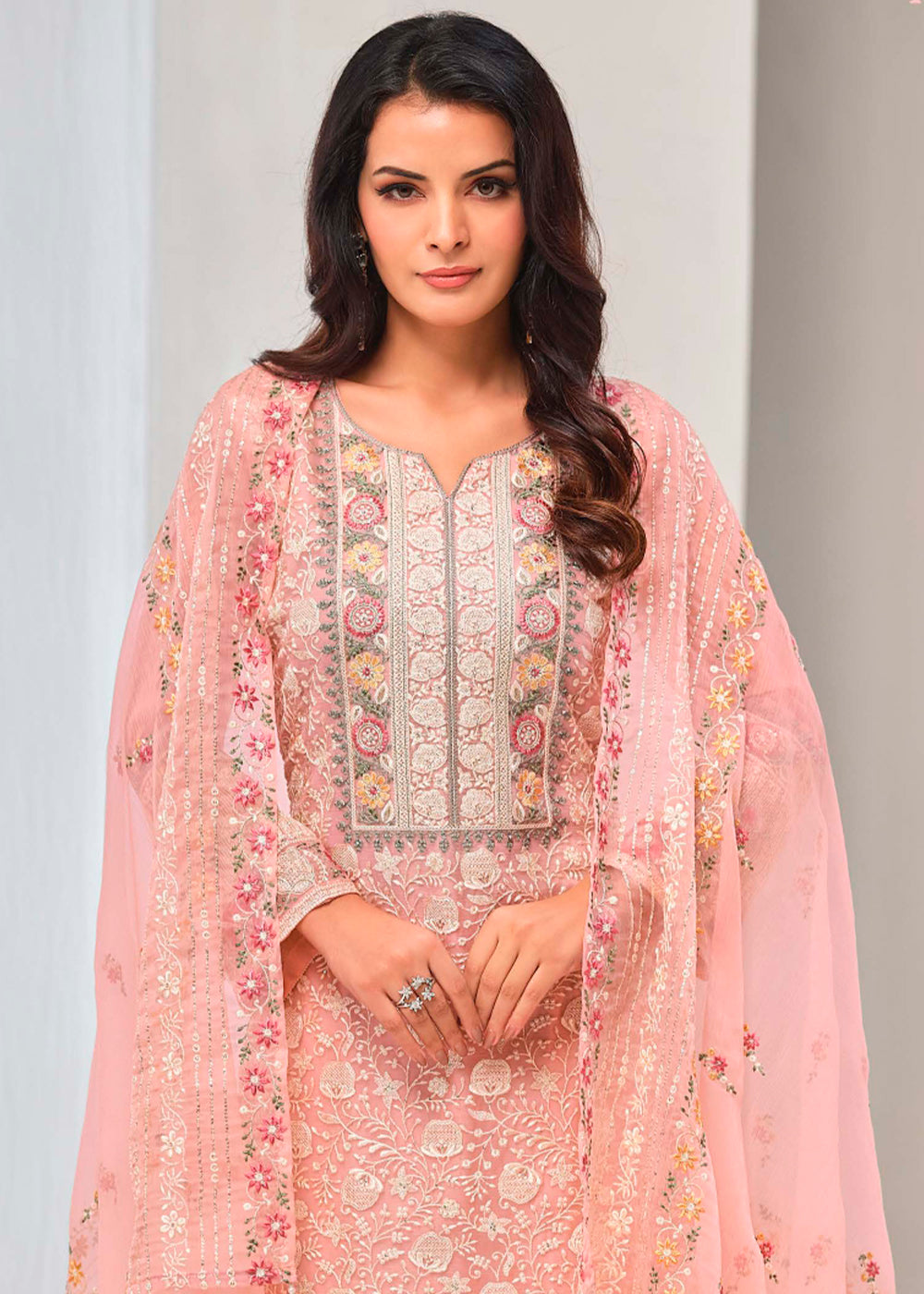 Salmon Pink Organza Chiffon Suit with Stunning Floral Embroidery Design