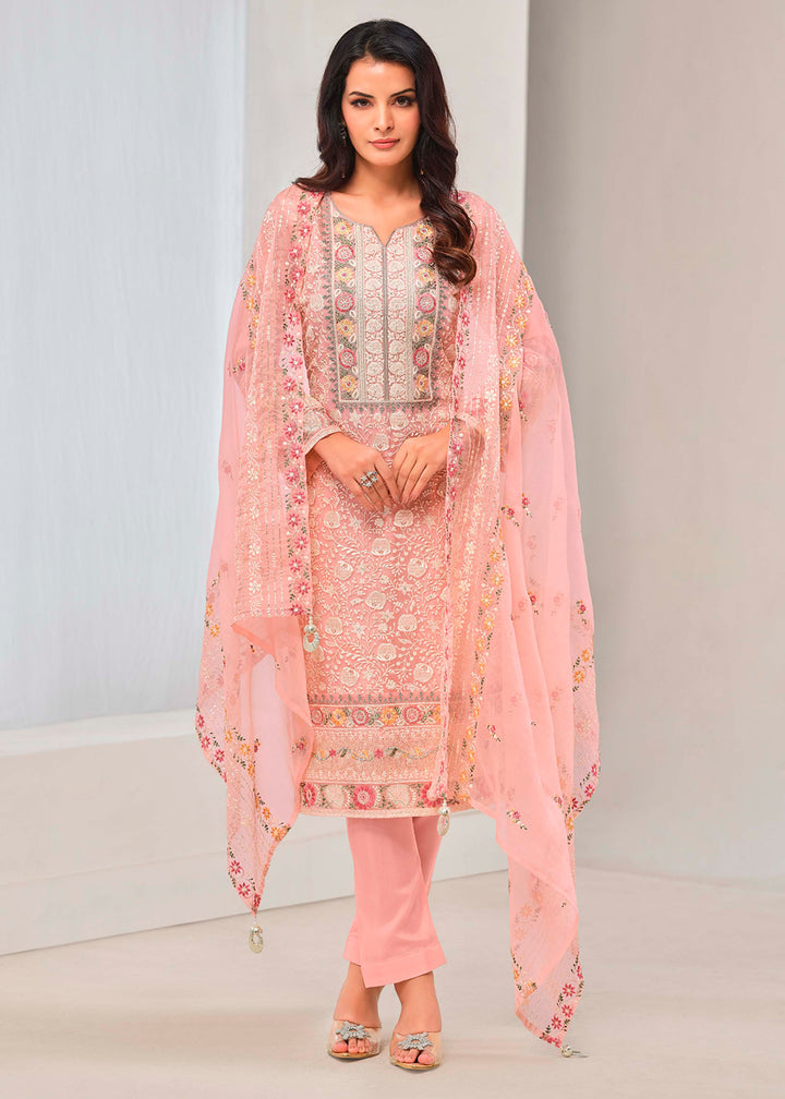 Salmon Pink Organza Chiffon Suit with Stunning Floral Embroidery Design