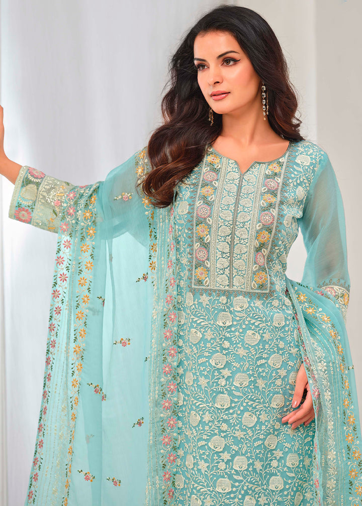 Light Blue Organza Chiffon Suit with Stunning Floral Embroidery Design