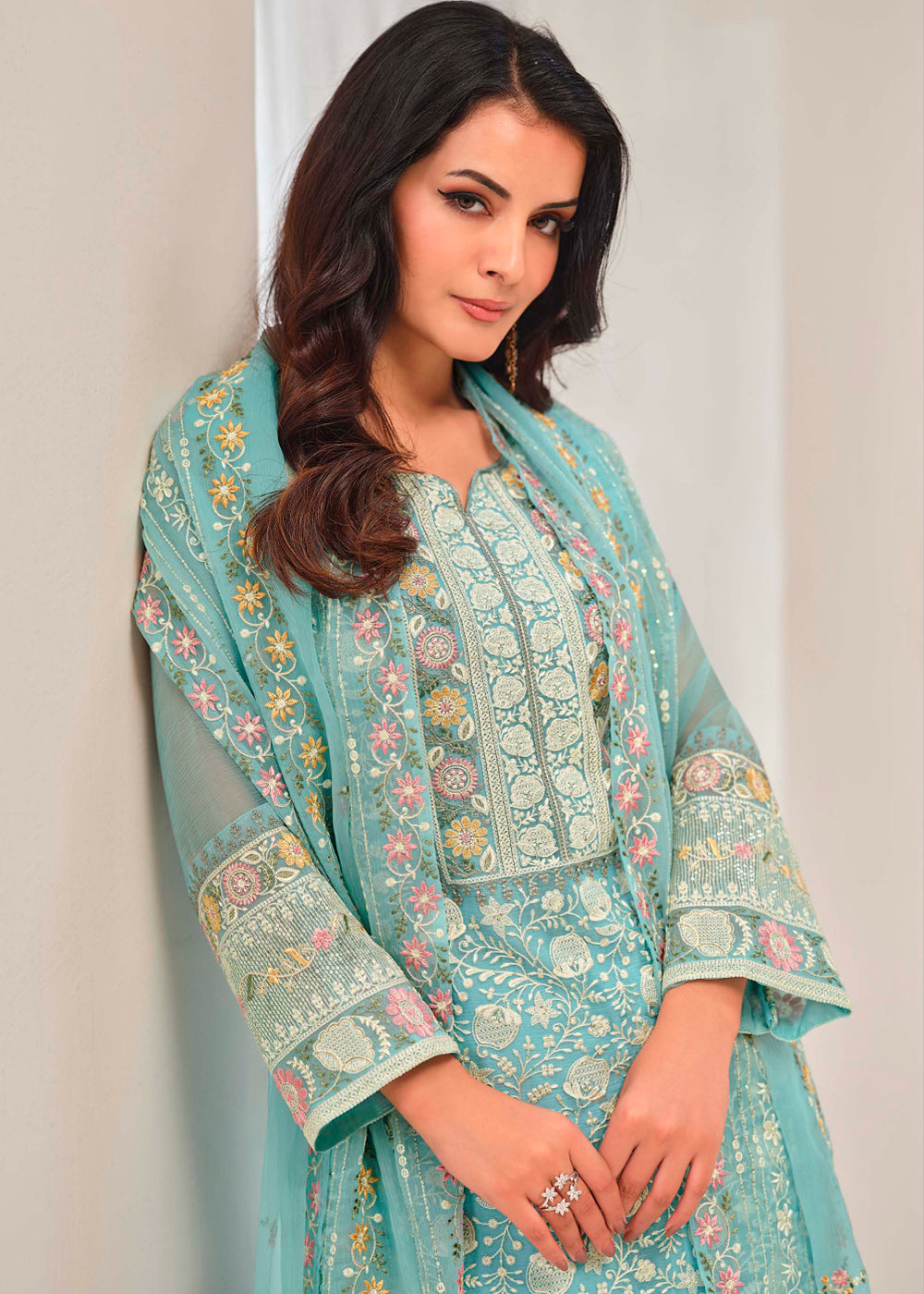 Light Blue Organza Chiffon Suit with Stunning Floral Embroidery Design