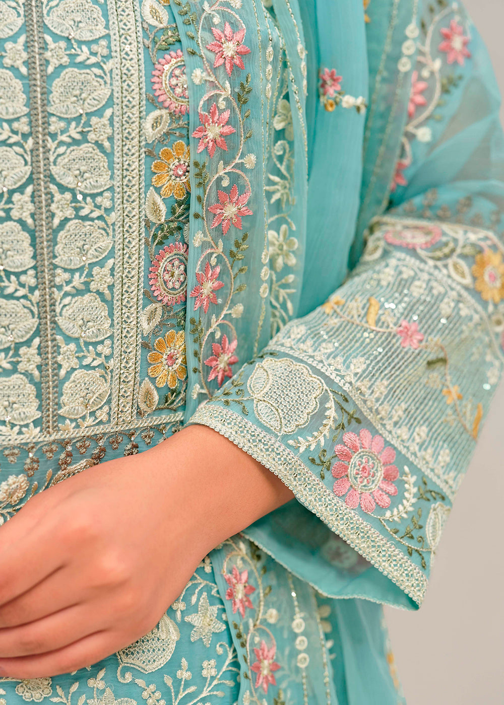 Light Blue Organza Chiffon Suit with Stunning Floral Embroidery Design