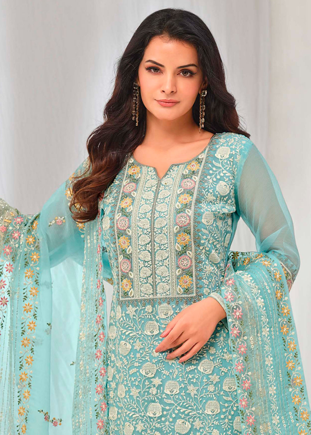 Light Blue Organza Chiffon Suit with Stunning Floral Embroidery Design