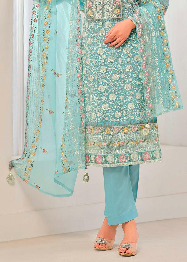 Light Blue Organza Chiffon Suit with Stunning Floral Embroidery Design