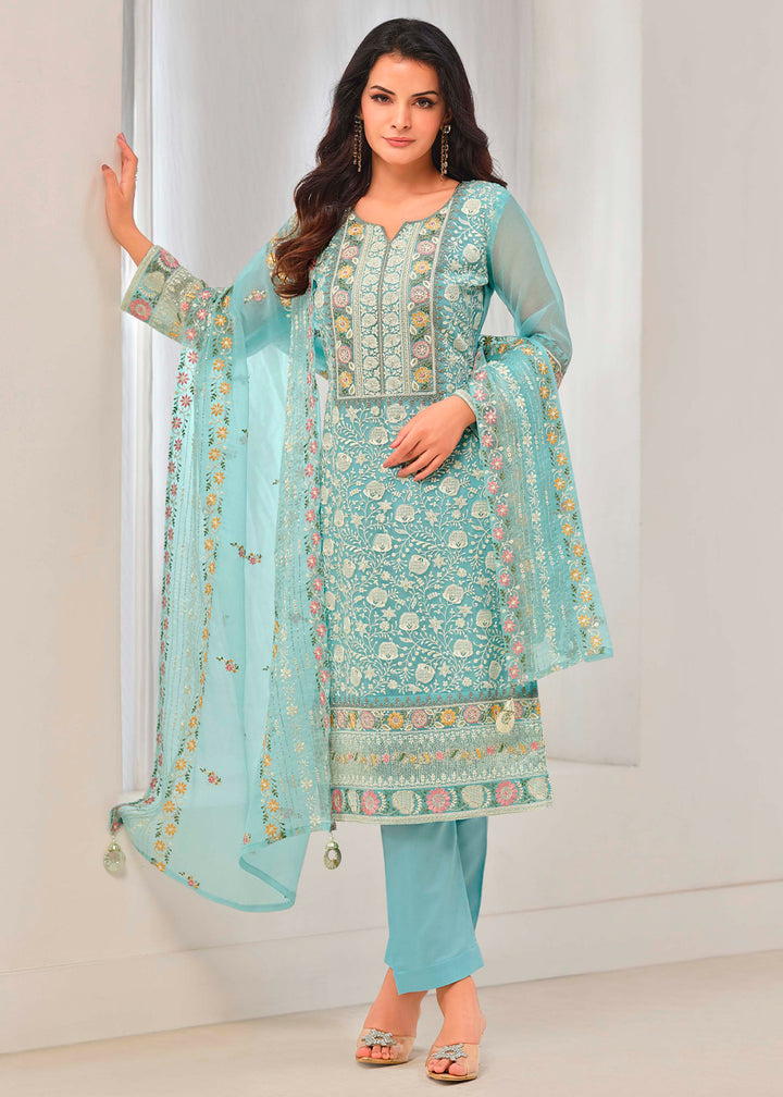 Light Blue Organza Chiffon Suit with Stunning Floral Embroidery Design