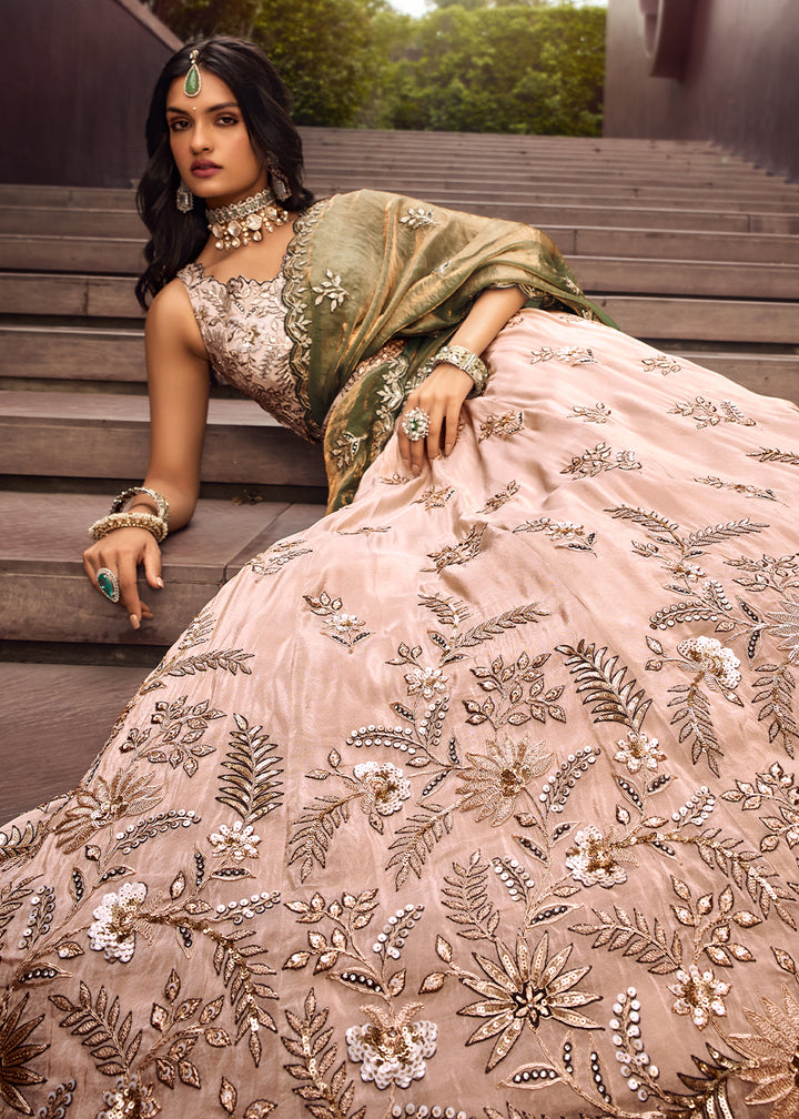 Pink & Green Viscose Rayon Lehenga Choli Adorned with Sequins Embroidery Work