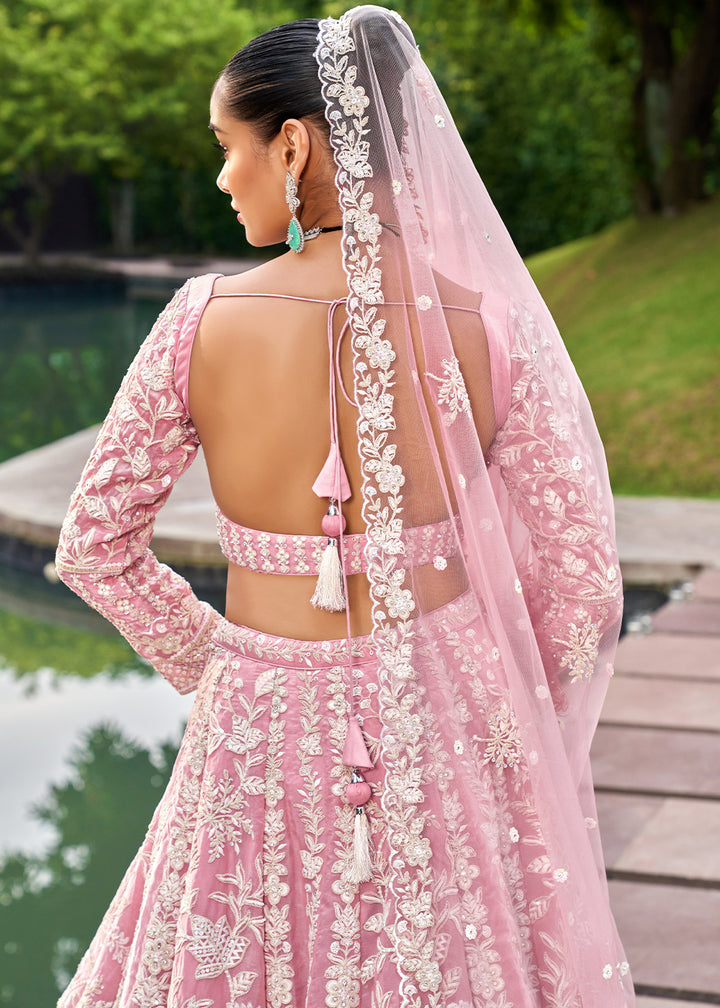 Flamingo Pink Organza Lehenga Choli Decorated with Sequins Work