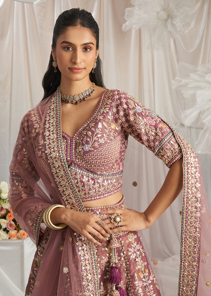 Shades Of Purple TissueLehenga Choli Adorned with Pearl and Gotapatti Embroidery: The Bride's Edit