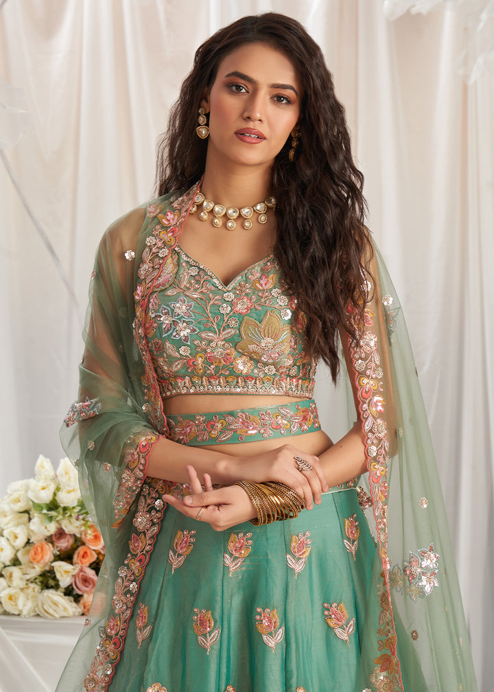 Apple Green organza Lehenga Choli Adorned with Sequins Embroidery Work