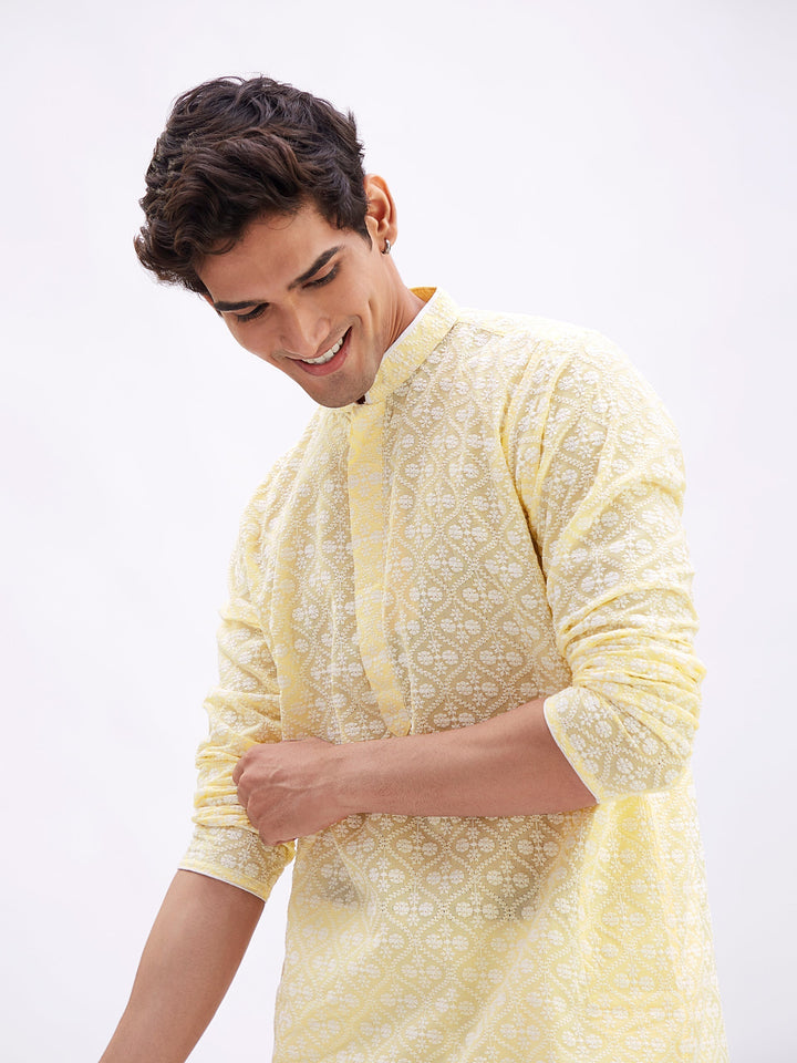 Sarvati Men's Yellow And White Cotton Kurta And Pyjama Set