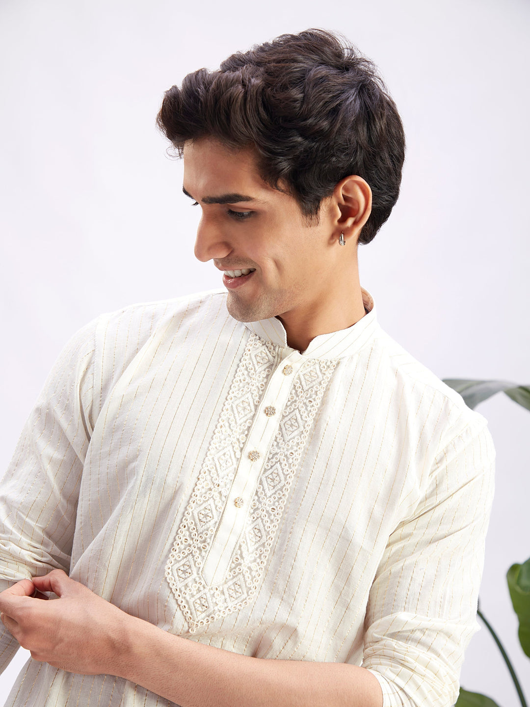 Sarvati Men's White Jacquard Cotton Kurta Pyjama Set