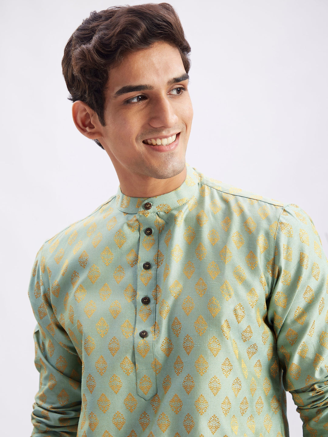 Sarvati Men's Mint Green and Rose Gold Woven Kurta Pant Set