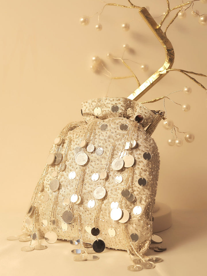 Agnes Silver Potli Bag - Mirror Work For Weddings