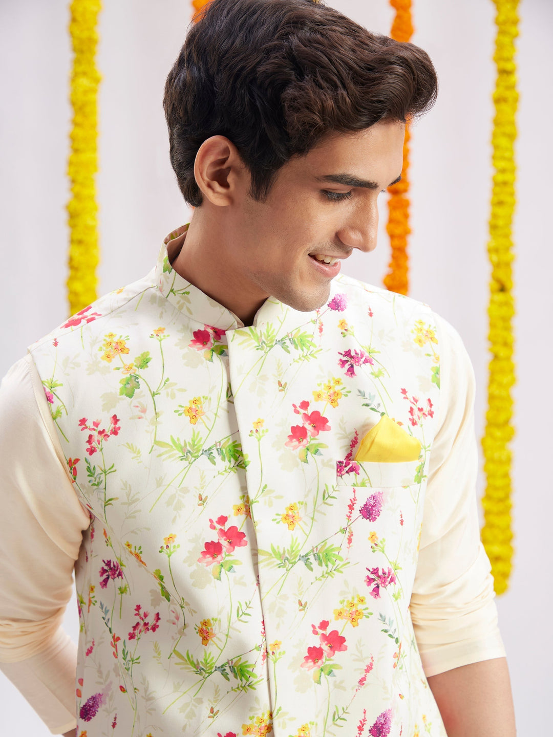 Sarvati Cream Printed Nehru Jacket And Cream Solid Kurta With Pyjama Set