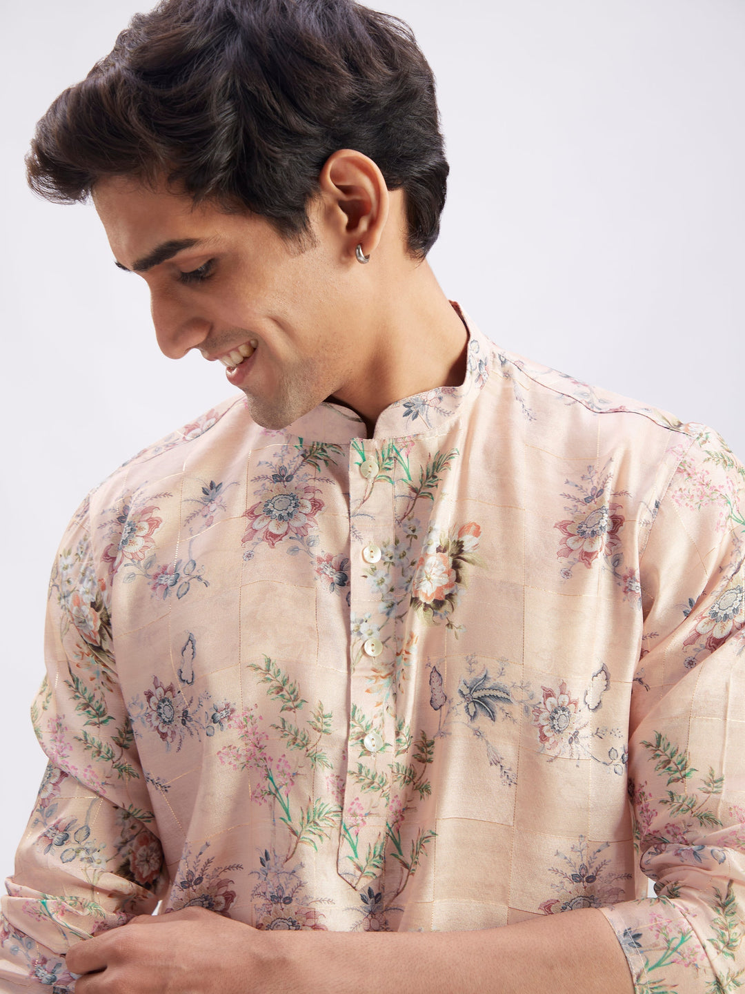 Sarvati Men's Pink Floral Printed Silk Blend Kurta Pyjama Set