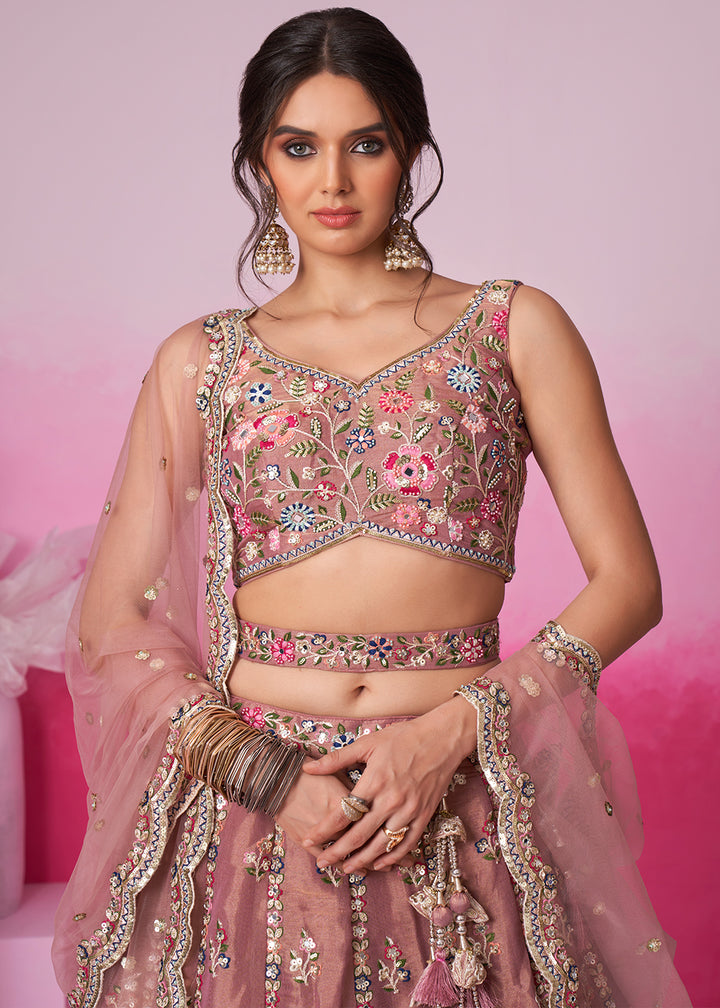 Wild Orchid Pink Net Lehenga Choli Adorned with Moti & Sequins Embroidery Work