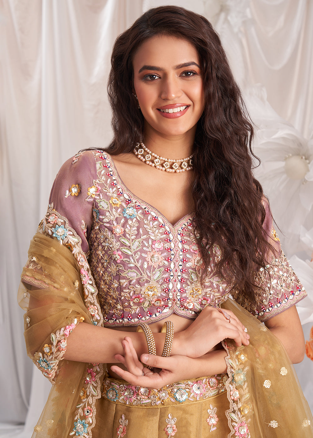 Light Brown & Pink Net Lehenga Choli Adorned with Pearl & Gotapatti Embroidery work: The Bride's Edit