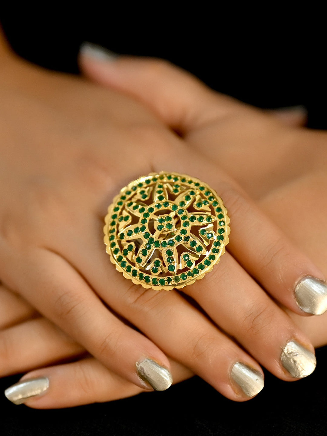 Devangi Green Jadau Finger Ring