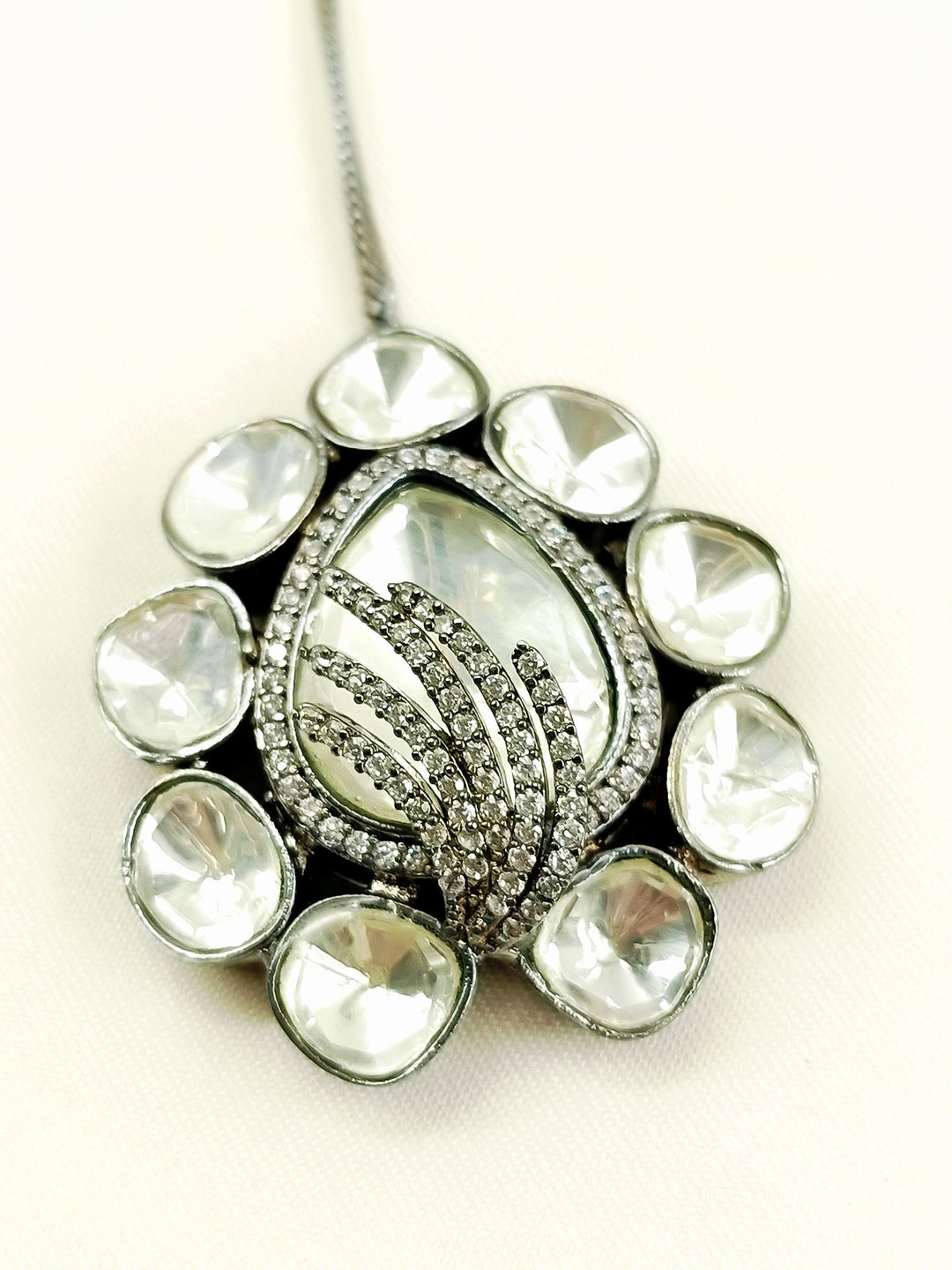 Sulakshna Grey Victorian Necklace Set - Rhodium-Plated Brass