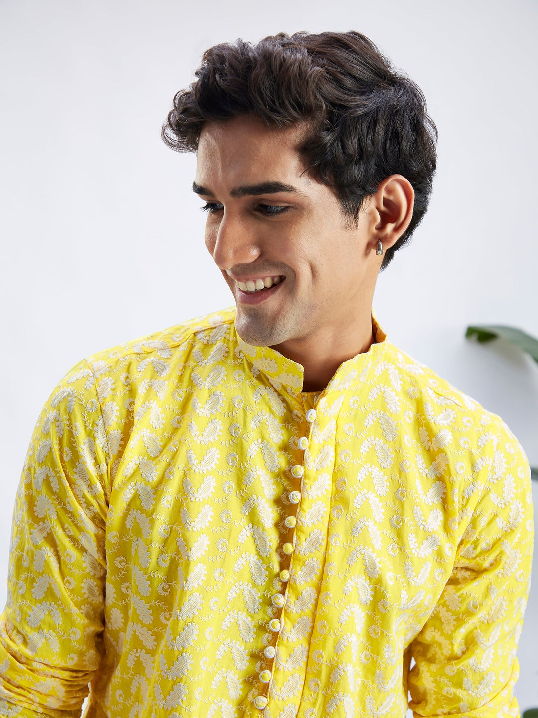 Sarvati Men's Mustard Pure Cotton Chikankari Kurta With Patiala set