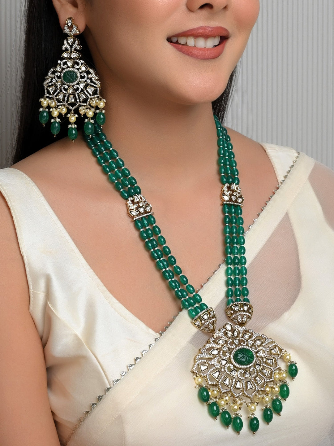 Isabella Green Kundan Polki Long Necklace Set