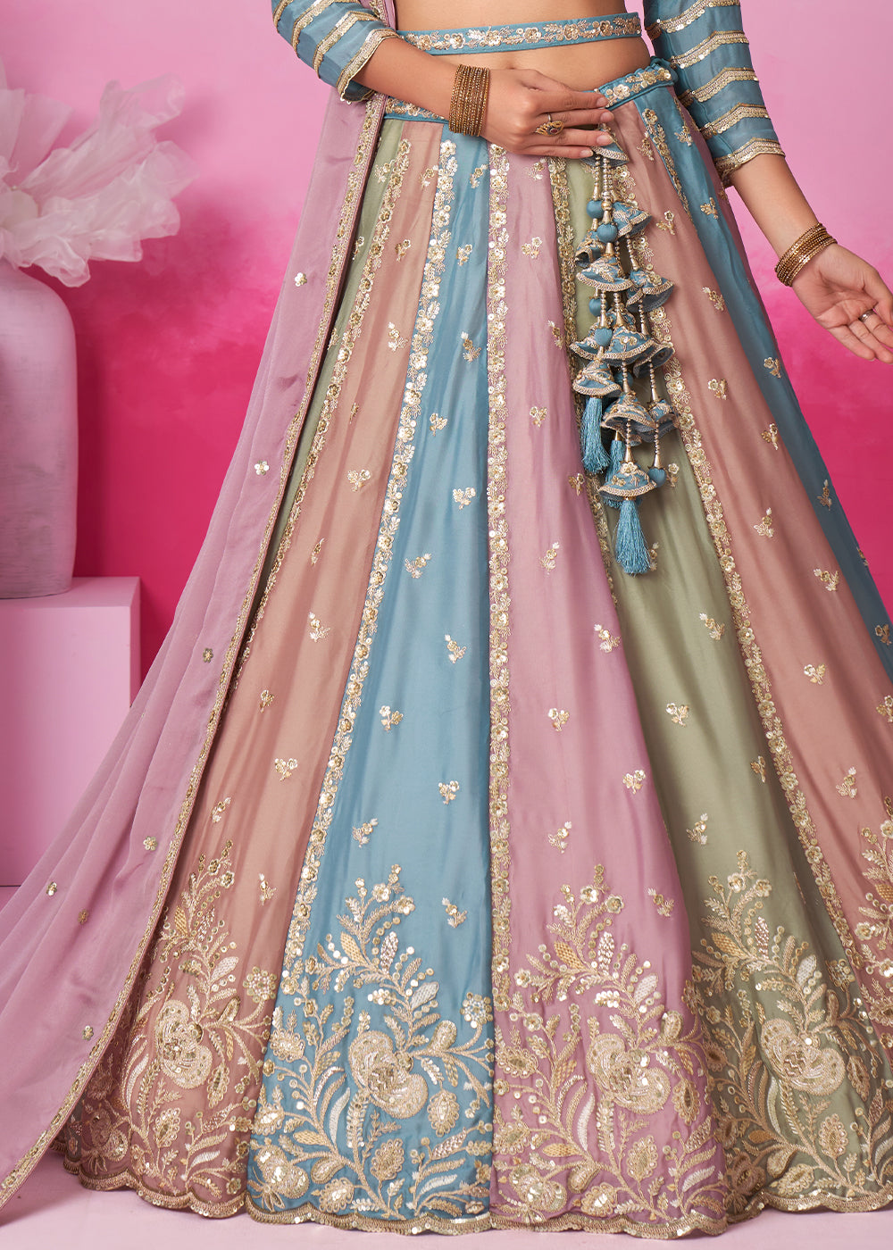 Blue & Green Georgette Lehenga Choli Adorned with Sequins Embroidery Work