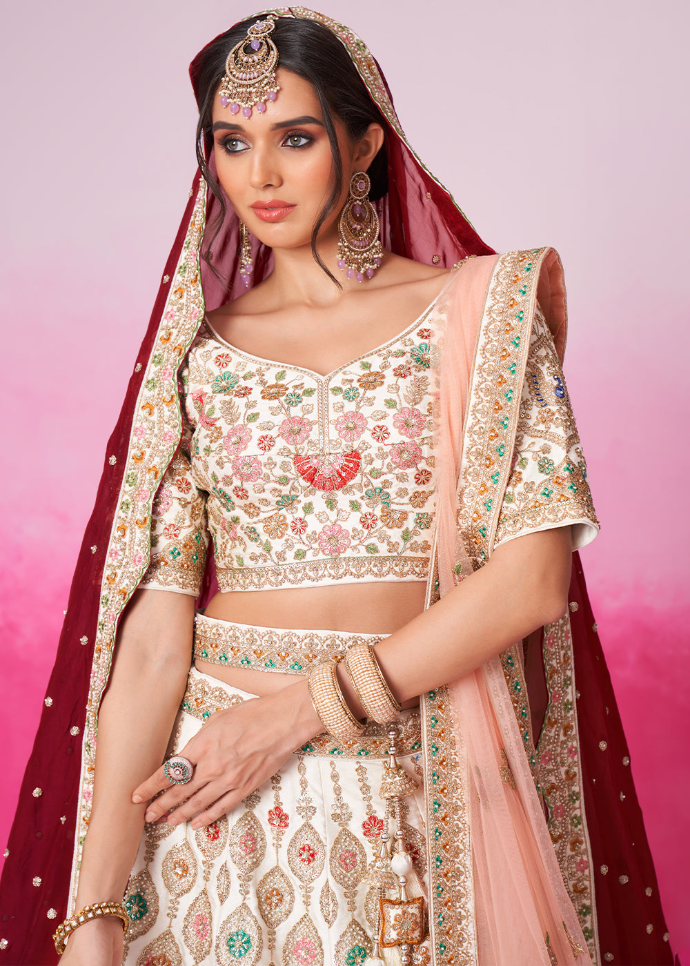 Cream White Silk Lehenga Choli Adorned with Moti & Sequins Embroidery Work: Bridal Collection