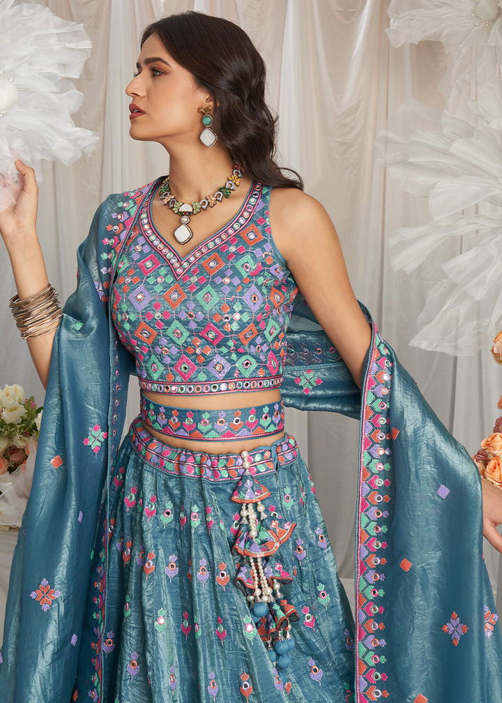 Teal Blue Organza Lehenga Choli Adorned with Sequins & Mirror Embroidery