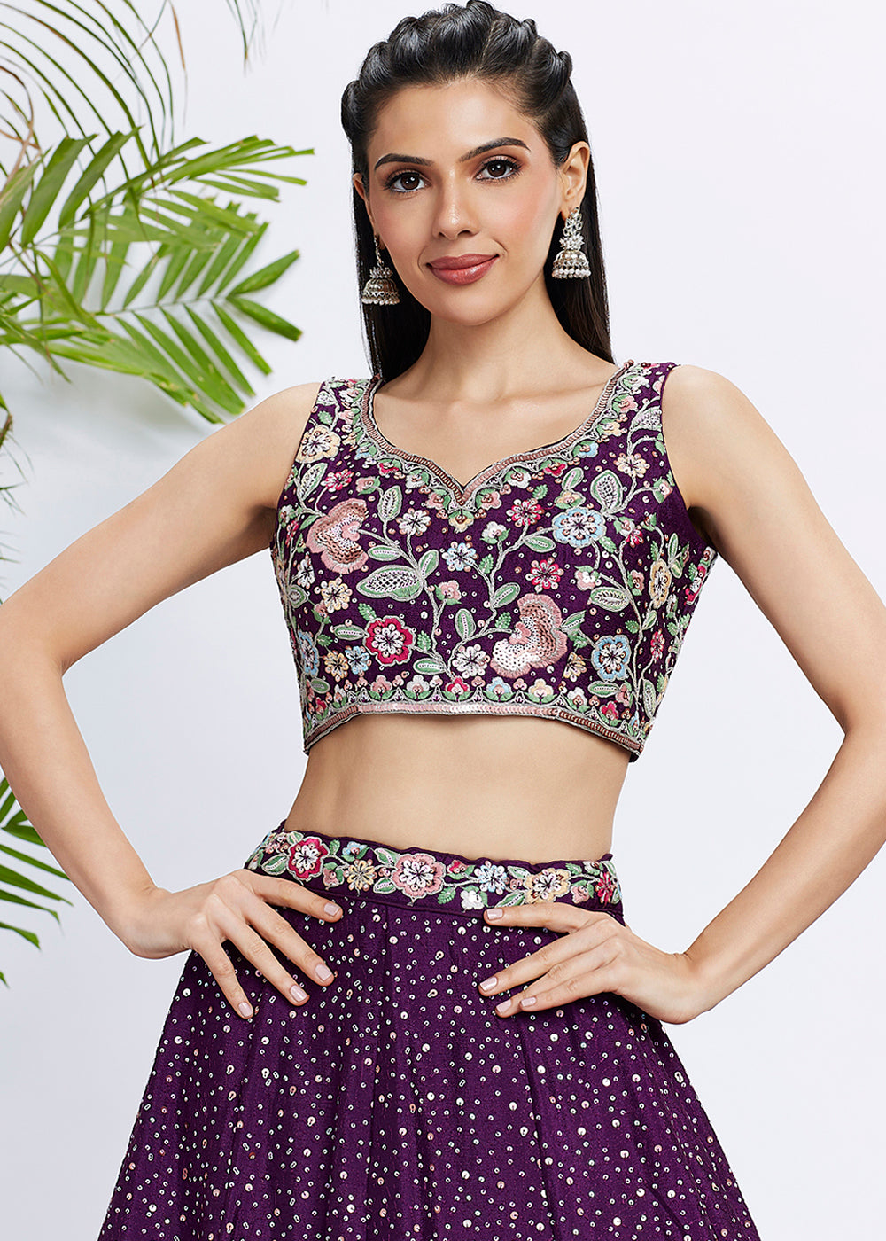 Byzantine Purple Chiffon Lehenga Choli Adorned with Sequins & Thread Embroidery