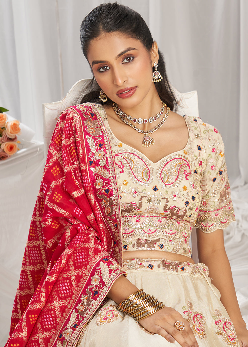 Cream White & Pink Tissue Lehenga Choli Intricate with Gotapatti Embroidery Work