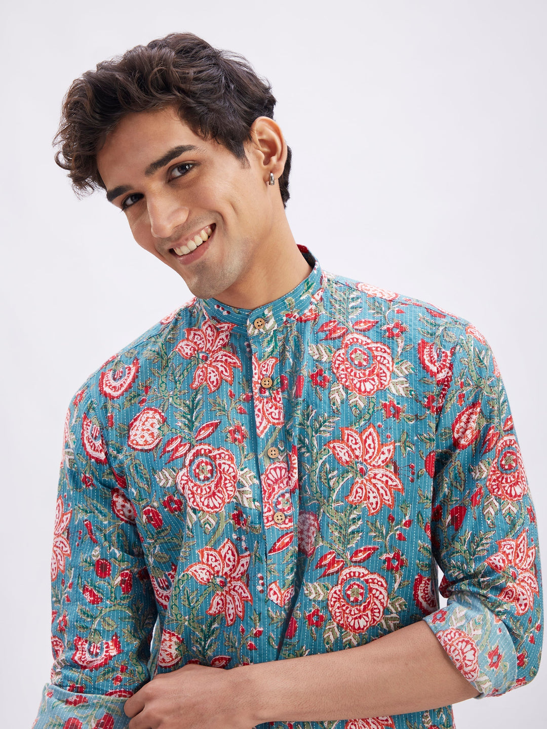 Sarvati Men's Blue And Red Floral Printed Cotton Kurta with White Pant Set