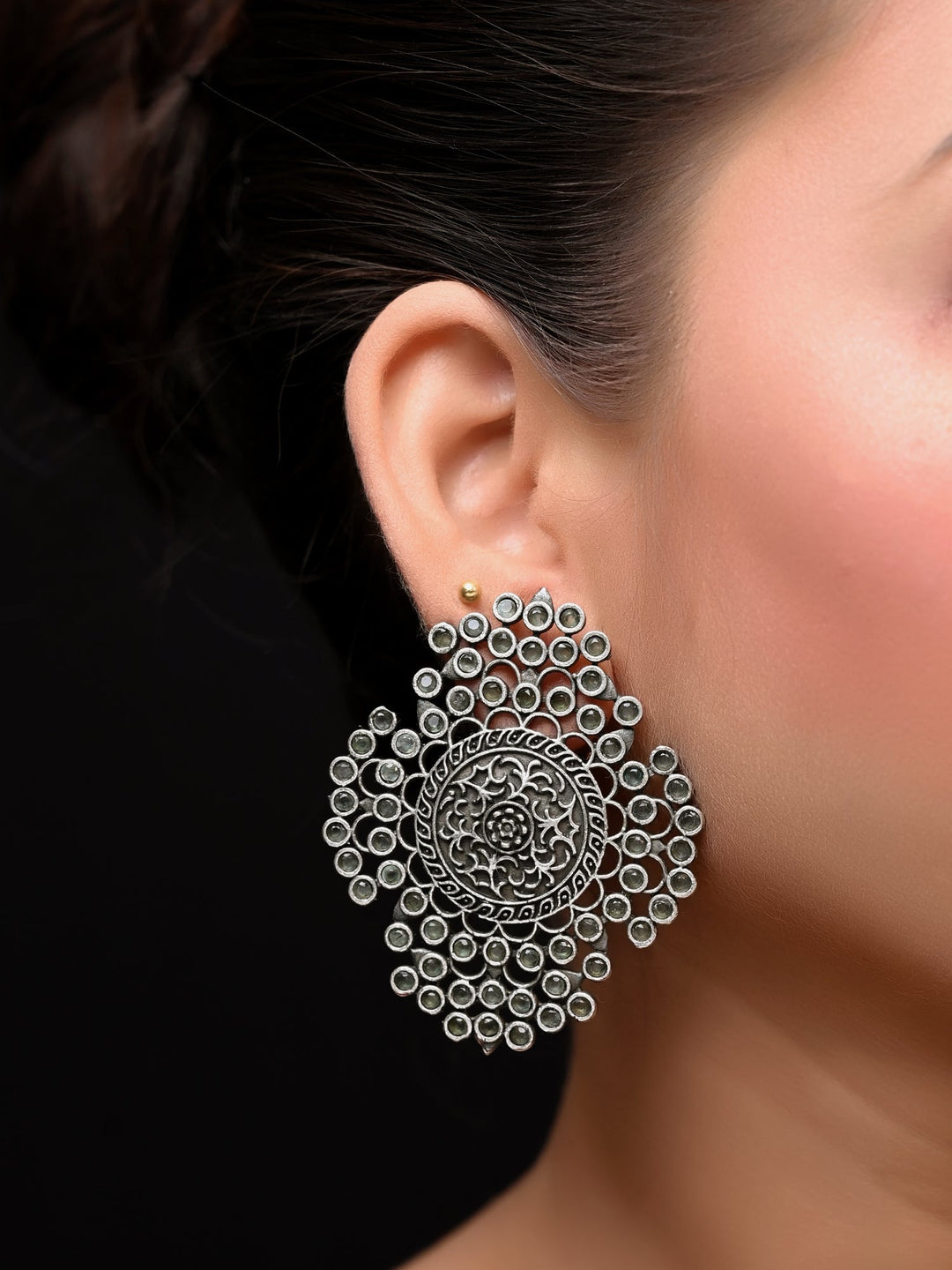 Areeka Big Oxidised Stud Earrings In Mint Green