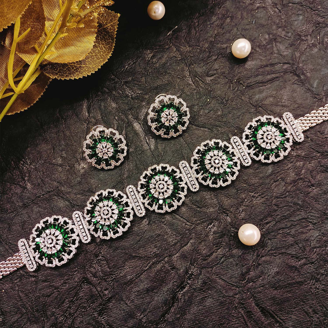 Neelofar Green Diamond Silver Plated Necklace Set