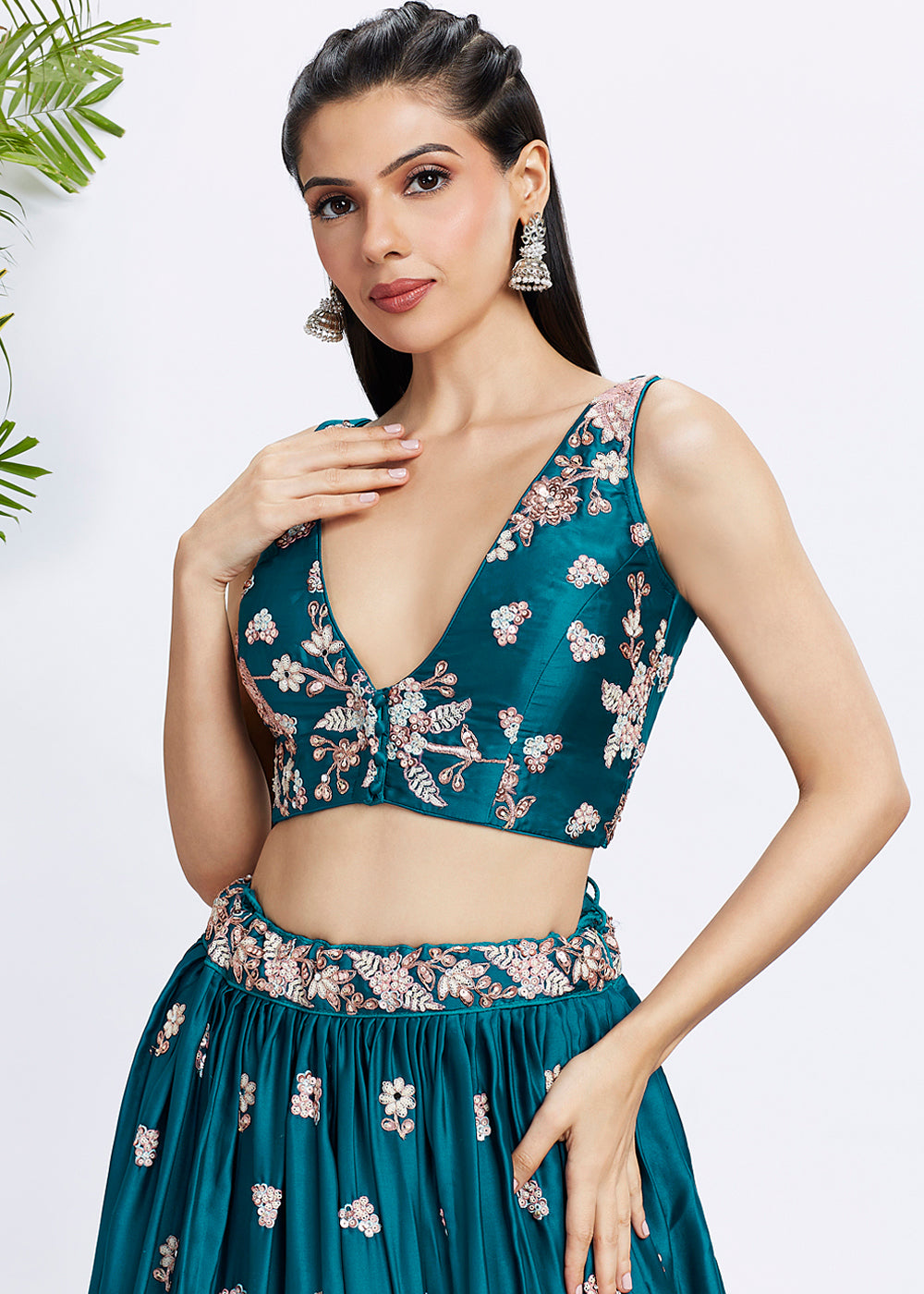 Dark Teal Blue Georgette Lehenga Choli Highlighted with Sequins & Thread Embroidery