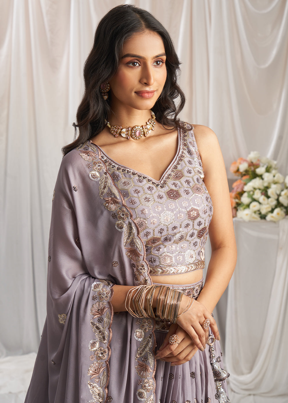 African Purple Georgette Lehenga Choli Adorned with Sequins Work