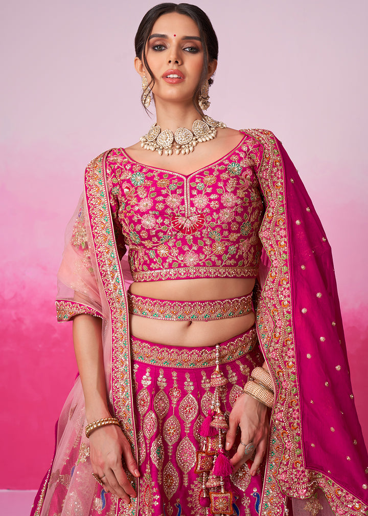 Hot Pink Silk Lehenga Choli Adorned with Moti & Sequins Embroidery Work: Bridal Collection