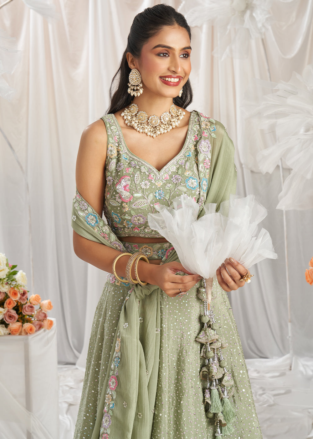 Lime Green Chiffon Lehenga Choli Adorned with Sequins & Thread Embroidery