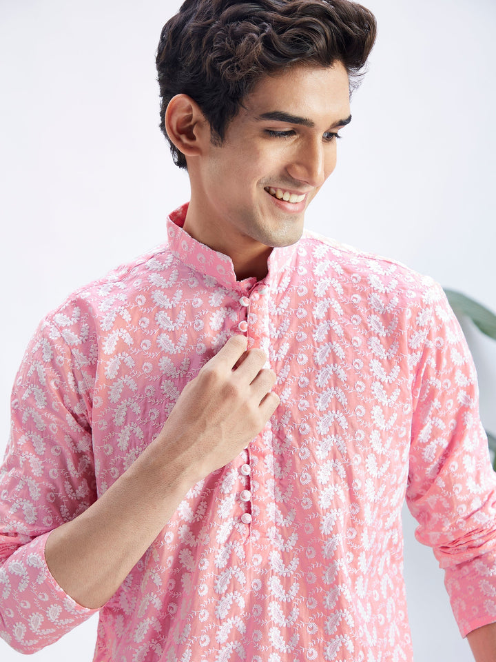 Sarvati Men's Pink Pure Cotton Chikankari Kurta With Dhoti set