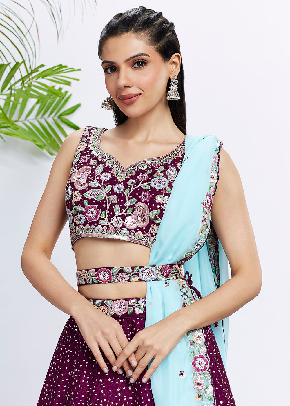 Jam Purple Chiffon Lehenga Choli Adorned with Sequins & Thread Embroidery